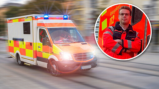 Foto zum Thema "Unterschied Rettungs- und Notfallsanitäter": Zu sehen ist ein Rettungswagen im Einsatz, daneben ein Porträt von Tim Yannik Gaumann, der als Notfallsanitäter arbeitet.