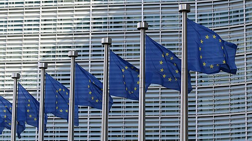 Foto zum Thema "CESI": Zu sehen sind Europafahnen, die im im Wind flattern.