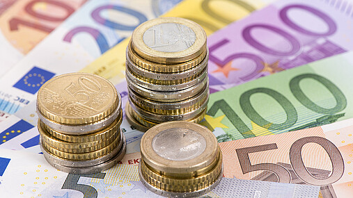 Symbolbild: Zu sehen sind Euromünzen und Banknoten.
