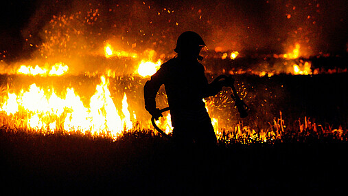 Foto zum Thema "Feuer um Wald": Zu sehen ist ein Feuerwehrmann, im Hintergrund lodern Flammen im Wald.