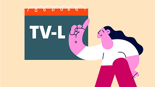 Foto zum Thema "Basics zum TV-L": Zu sehen ist eine Figur, die vor einer Tafel mit der Aufschrift TV-L steht.